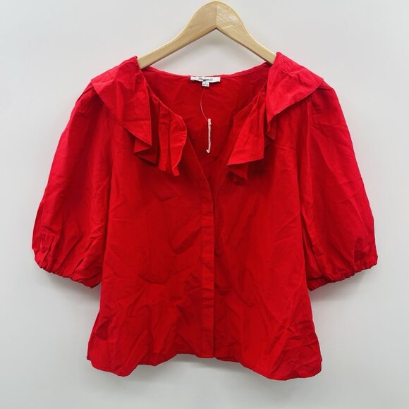Madewell Womens Size Large Ruffled Y-Neck Top in Cotton-Silk in Festival Red 349 - Picture 2 of 9
